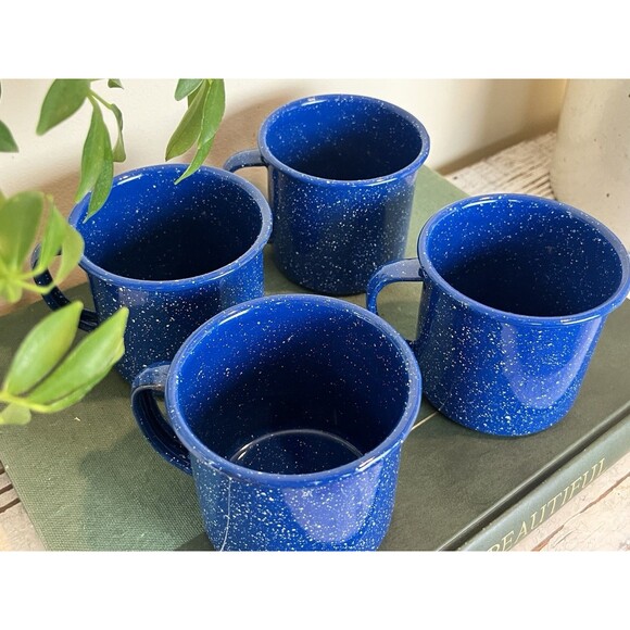Vintage Blue Speckled Enamelware Metal Coffee Cups Mugs Set Of 4, Cabin Camping - Picture 6 of 8